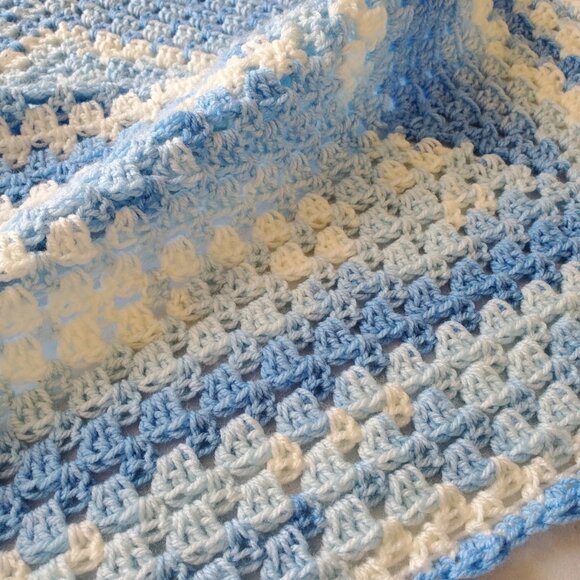 Crochet BABY BLANKET AFGHAN Granny Square 30"x 30" Blue White Girl Boy Girl - Picture 1 of 13